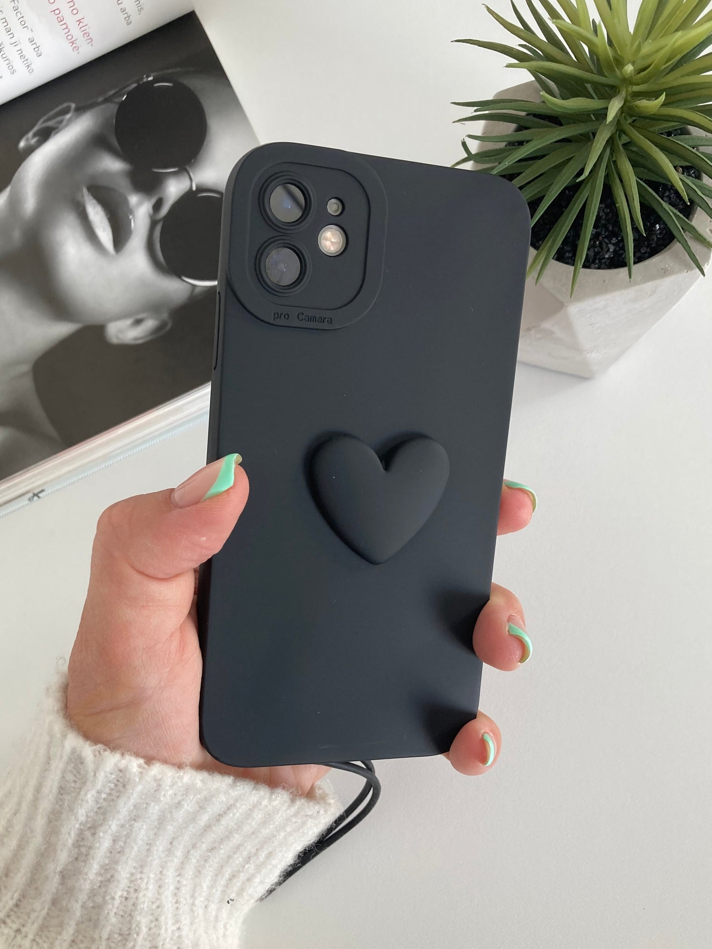 3D Black Heart Soft Phone Case with Wrist Strap
