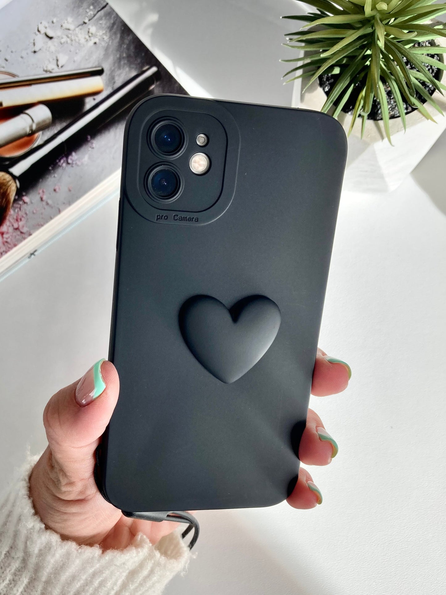 3D Black Heart Soft Phone Case with Wrist Strap