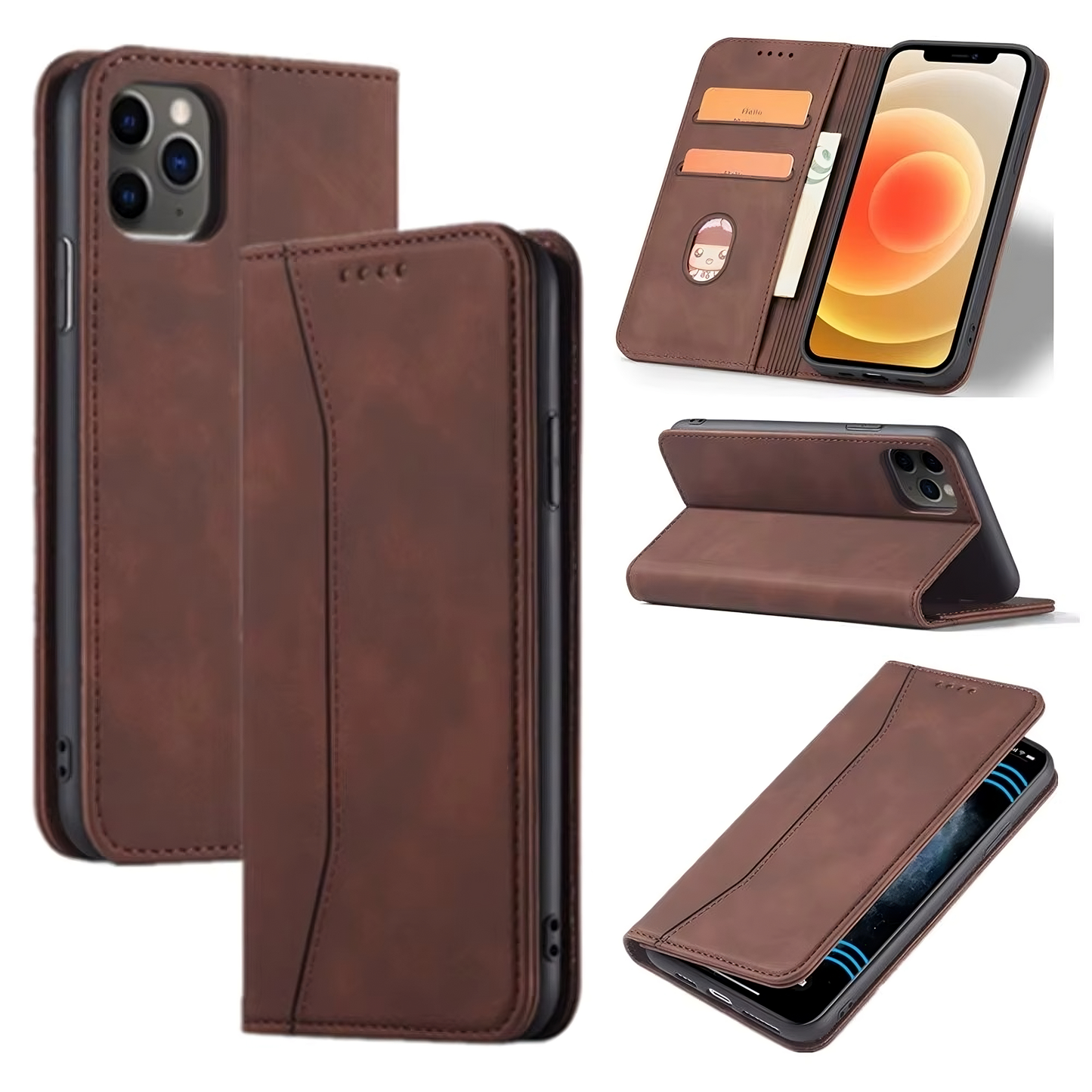 Coffee Leather Wallet Card Holder Phone Case