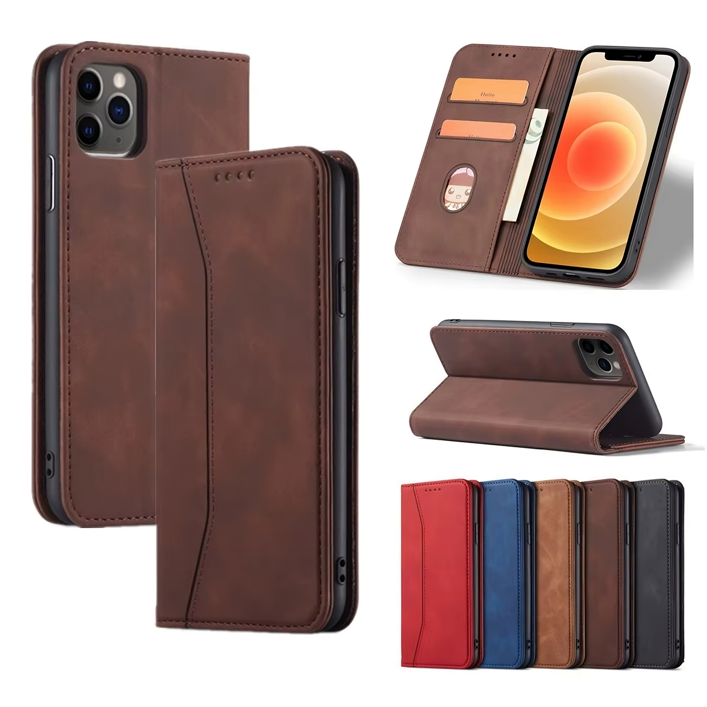 Coffee Leather Wallet Card Holder Phone Case
